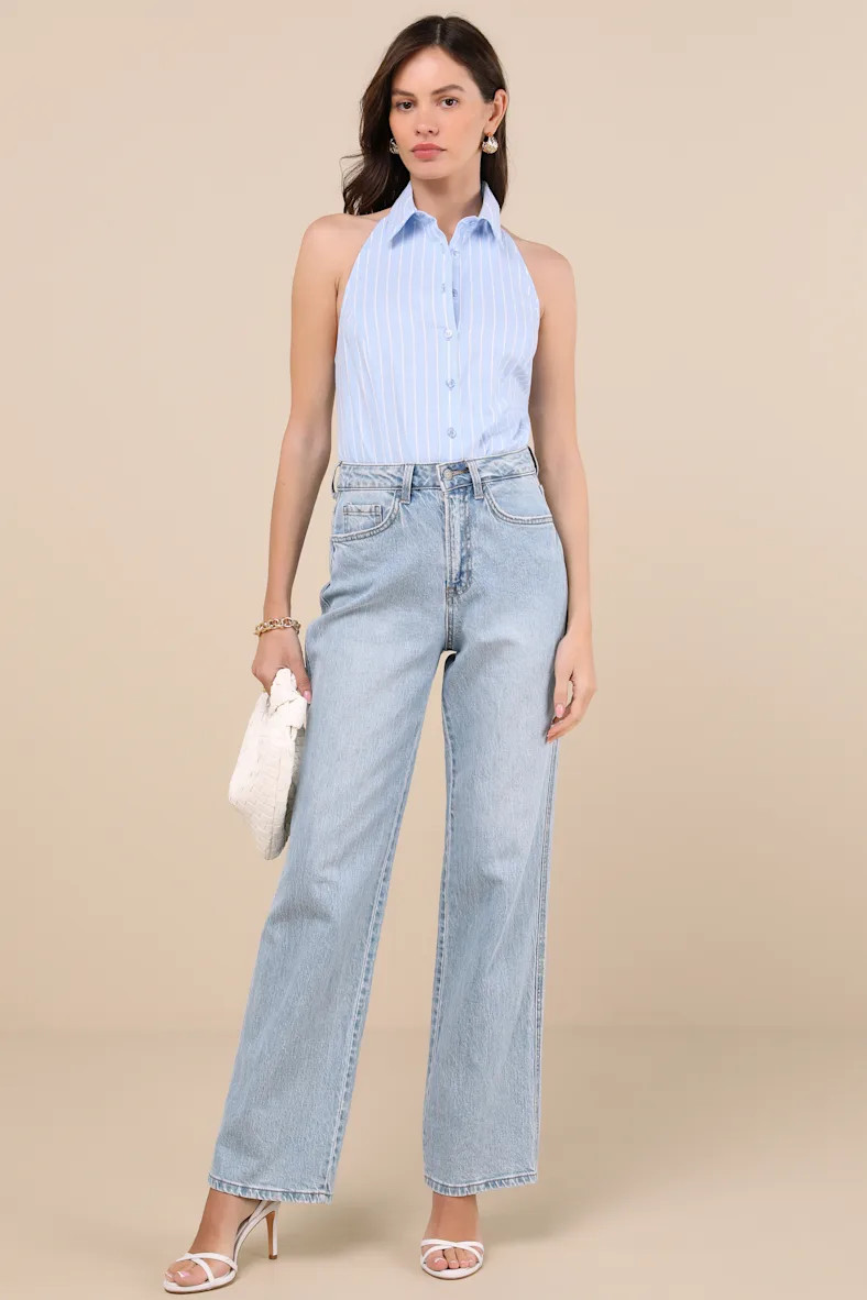 Aeres Blue Pinstriped Button-Front Collared Halter Bodysuit | Lulus