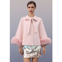 Faux Fur Cuffs Bow-Tie Button Knit Cape Coat in Pink | Chicwish
