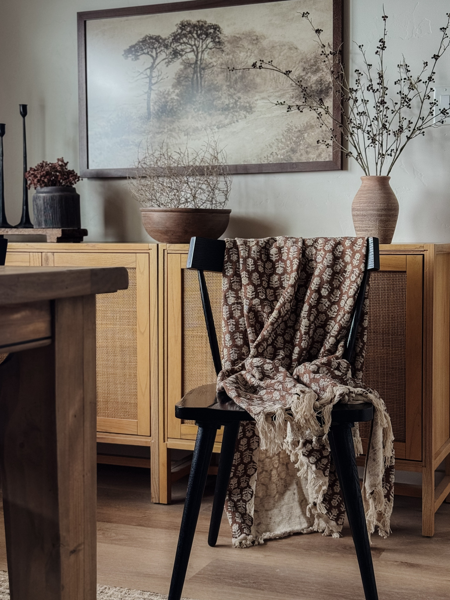 Dining room ideas, vintage throw, hand block throw, black dining chairs, sideboard, wooden dining table, wall art

#LTKsalealert #LTKstyletip #LTKhome