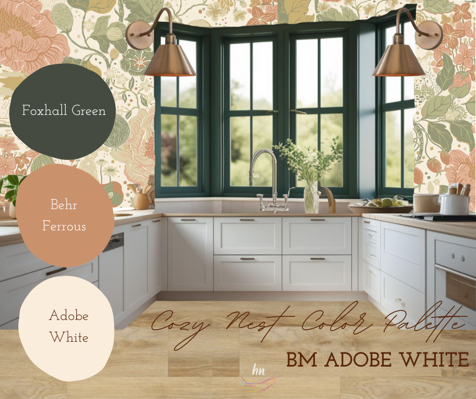 2026 kitchen with a fun palette? I'd make the cabinets a warmer white...like Adobe White or maybe a smidge lighter, but I'm loving the green and terra cotta from this stunning wallpaper, no?! 

 #LTKHome