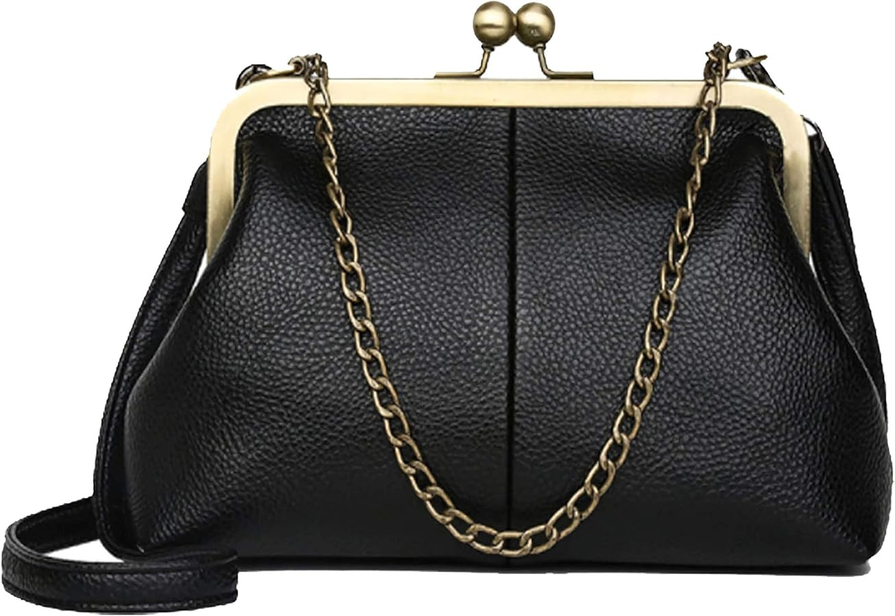 Women Small Vintage Chains Handbag - Pu Leather Kiss Lock Purse | Amazon (US)