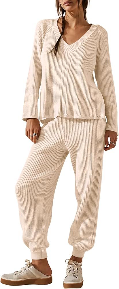 Tankaneo Womens Knit Sets Oversized V Neck Sweaters and Wide Leg Pants Fall Loungewear Trendy 2 P... | Amazon (US)