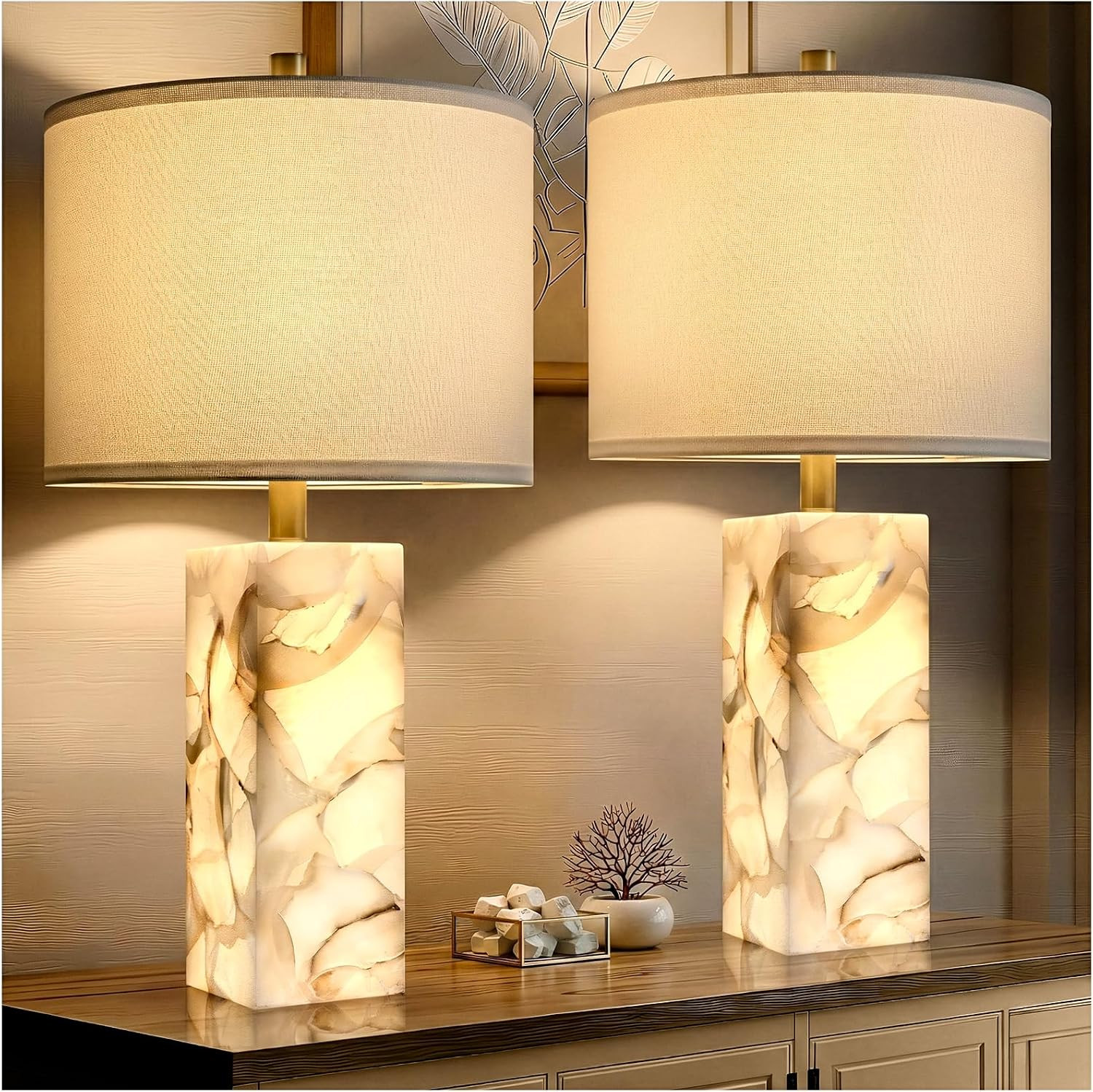 23" Alabaster Table Lamp Set of 2 with Night Light for Living Room | Amazon (US)