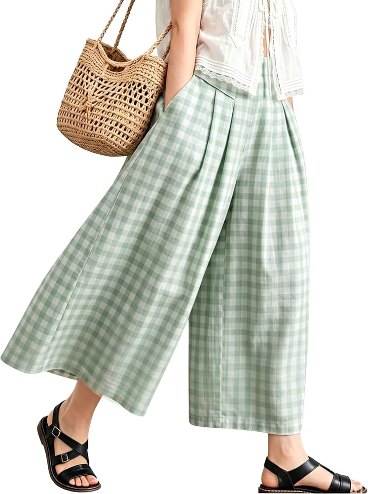 Hooever Women's Wide Leg Culottes Pants Gingham Check High Waisted Pleated Casual Trousers with P... | Amazon (US)