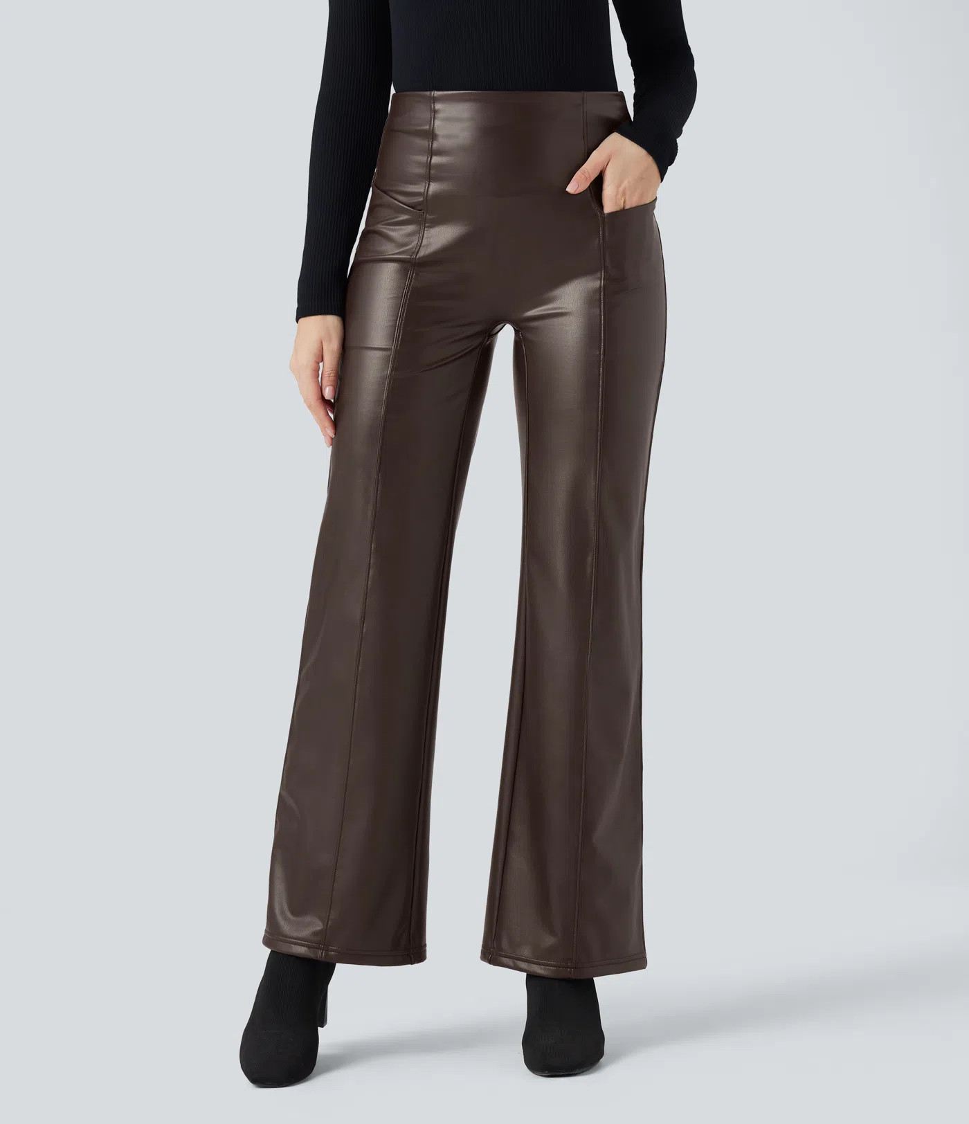 Women’s High Waisted Tummy Control Stretchy PU Fleece Casual Flare Pants with Pockets - Halara | HALARA