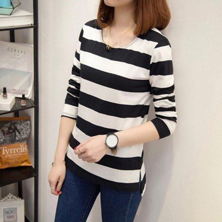 Spring Autumn Casual T-shirts Long-sleeved Round Neck Loose Striped Long-sleeved Bottoming T-shirts  | Walmart (US)