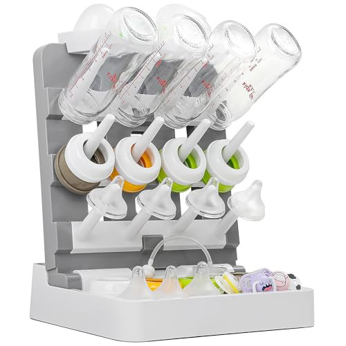 CINWWNI Baby Bottle Drying Rack, Vertical Standing Bottle Drying Rack Holder-Space Saving Baby Bottle Organizer for Countertop-Holds Up to 12 Baby Bottles & Pump Parts (White & Dark Gray) | Amazon (US)