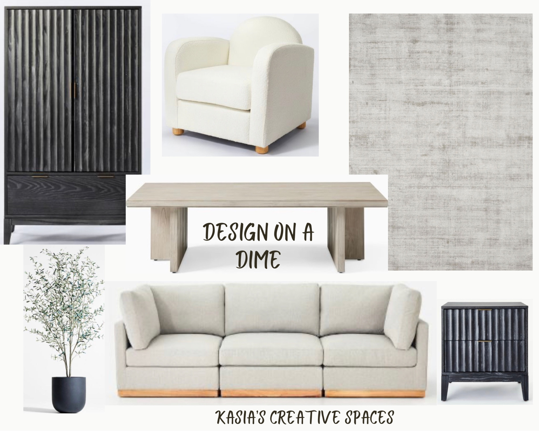 Accent chair, modular sofa, rectangle coffee table, light gray rug, cabinet, side table with storage.

#LTKhome #LTKFind #LTKstyletip