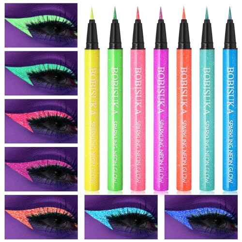 BOBISUKA UV Shimmer Glow Liquid Eyeliner Set, 7 Colors Glitter Neon Colored Eyeliners Pen, Colorful Waterproof Pigmented Graphic Liners, Metallic Eye Makeup Kit for Rave Accessories Party | Amazon (US)