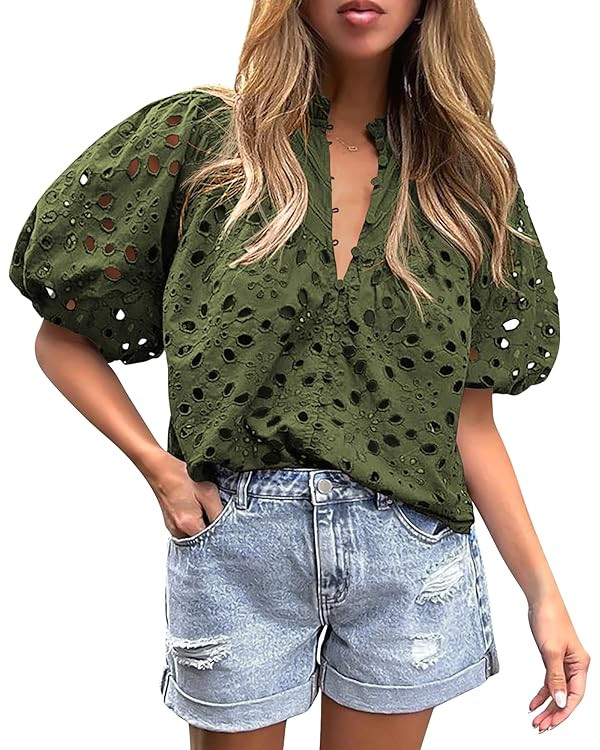 PRETTYGARDEN Women's Summer Blouses Casual Short Sleeve V Neck Button Hollow Out Lace Embroidery ... | Amazon (US)