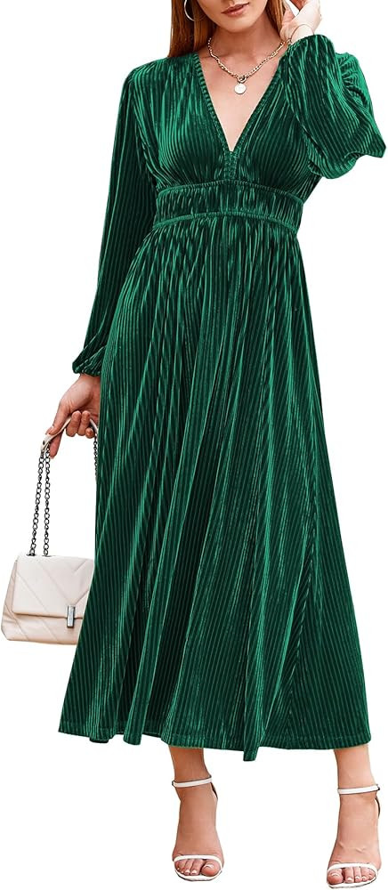 Sissyaki Women's Retro V-Neck Velvet Maxi Dress Wedding Guest Formal Party Long Dress | Amazon (US)