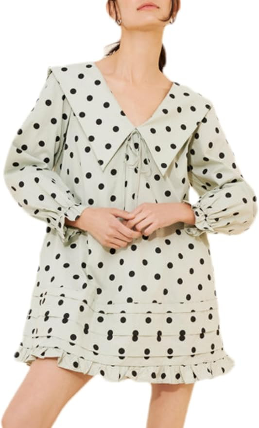 Bozanly Women's Oversized Collar Polka Dot Mini Dress Long Sleeve Tiered Babydoll Short Dresses | Amazon (US)