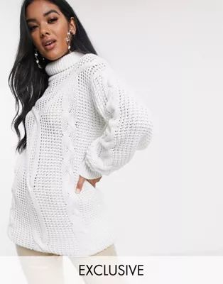 Boohoo exclusive oversized roll neck jumper with cable knit in white | ASOS UK