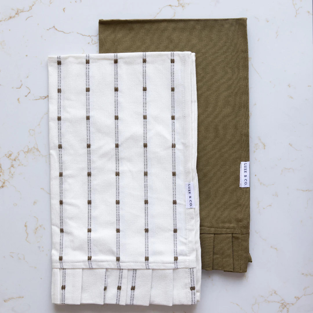 White Embroidery Olive Green Stripes Ruffle Kitchen Dish Towel | By Luxe B Co. | luxe bCO
