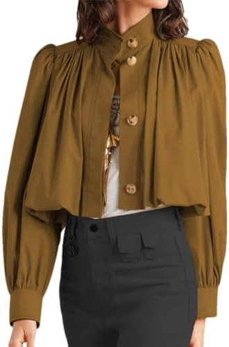 Womens Cropped Pleated Jacket Puff Long Sleeve Button Down Trench Coat Casual Outwear with Pocket... | Amazon (US)