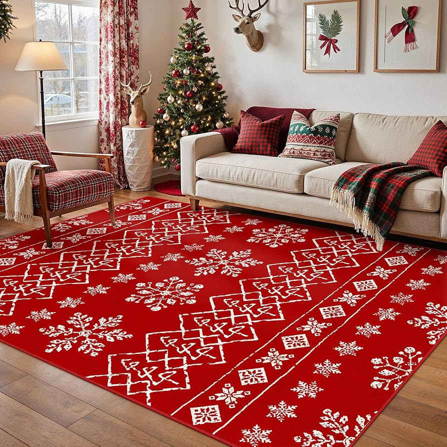 Christmas Area Rug 5x7 Red Snowflake Xmas Tree Decorative Living Room Bedroom Throw Rug Washable ... | Amazon (US)