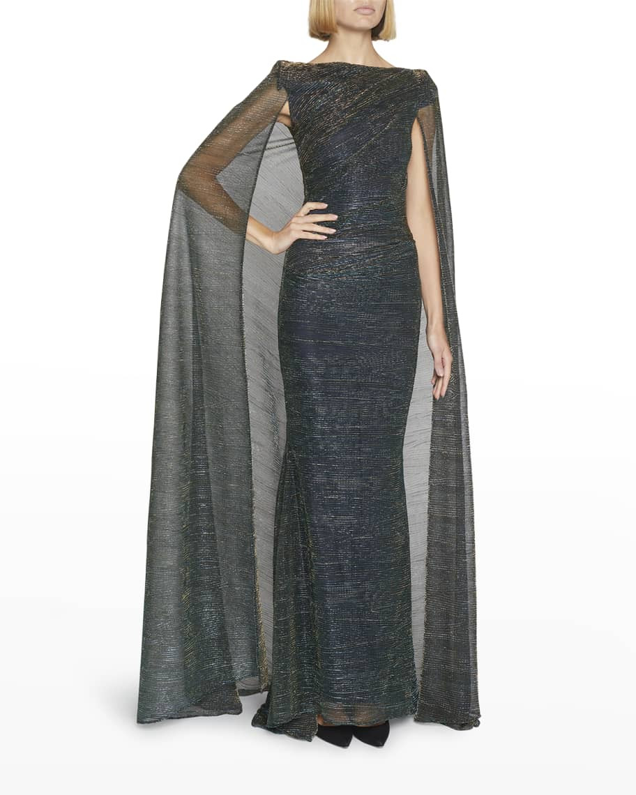 Talbot Runhof Metallic Voile Strong Shoulder Cape Gown | Neiman Marcus
