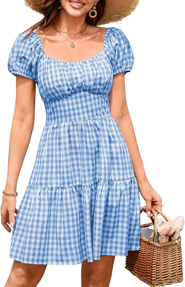 ZAFUL Women's Casual Plaid Mini Dress Scoop Neck Short Puff Sleeve Sundress A-Line Flowy Summer D... | Amazon (US)