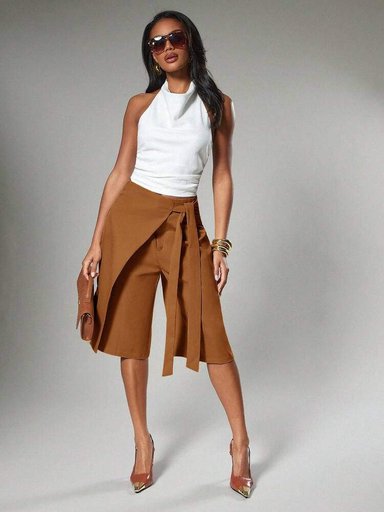 Hauture Women's Sexy Casual Solid Color Tailored Wrap Wide Leg Trousers Bermuda Shorts With Tie Detail | SHEIN