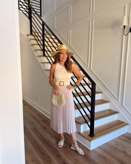 In a small pleated bottom midi, straw belt, hat, clutch, slides and accessories for spring - all fits TTS.

#LTKstyletip #LTKSeasonal #LTKfindsunder50