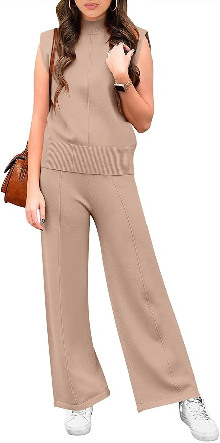 ANRABESS Women 2 Piece Outfits Mock Neck Sweater Vests Wide Leg Pants Lounge Matching Set Spring ... | Amazon (US)