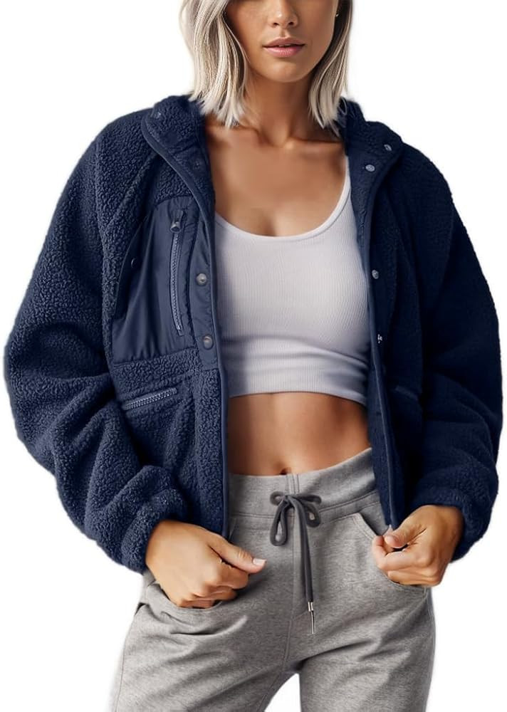 QIBABU Womens Fuzzy Fleece Jacket Long Sleeve Winter Short Coats Warm Button Down Sherpa Fleece J... | Amazon (US)