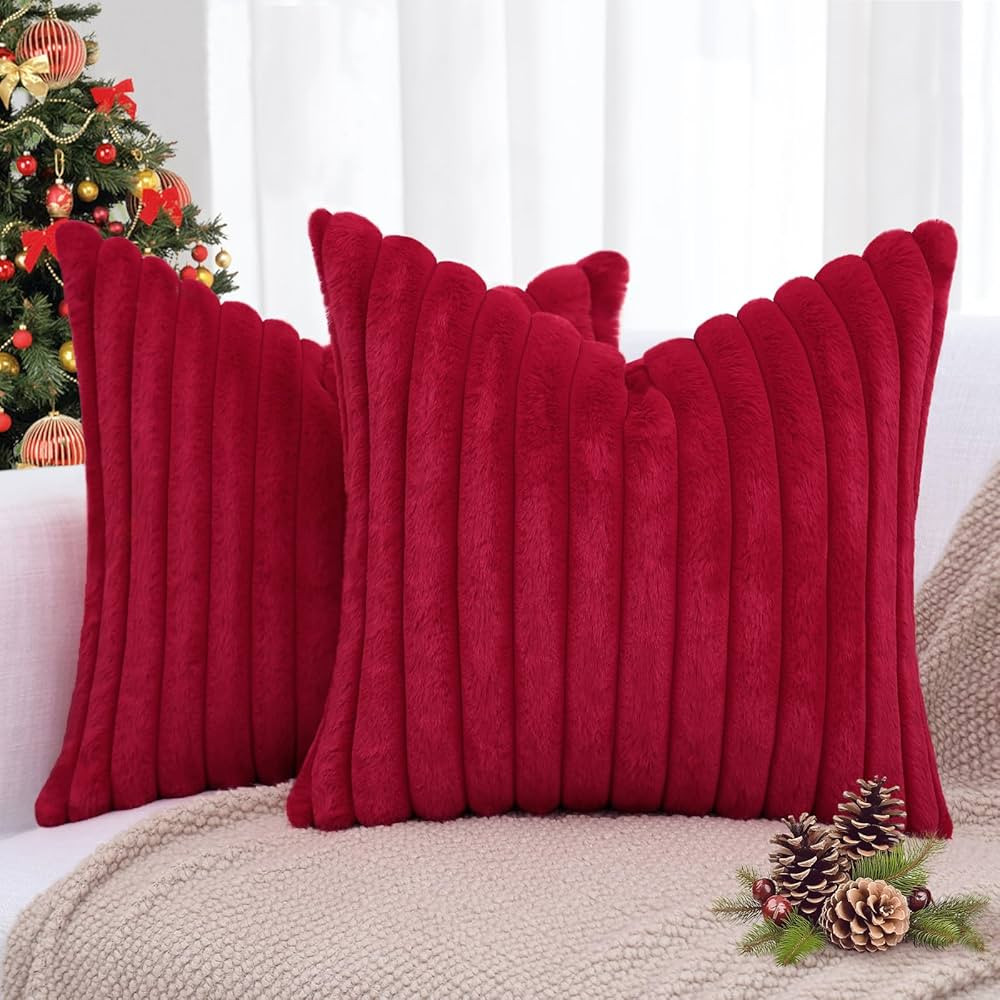 decorUhome Christmas Faux Fur Throw Pillow Covers 18x18 Set of 2, Decorative Soft Plush Striped C... | Amazon (US)