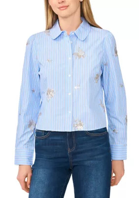 Women's Long Sleeve Embroidered Striped Cropped Shirt | Belk