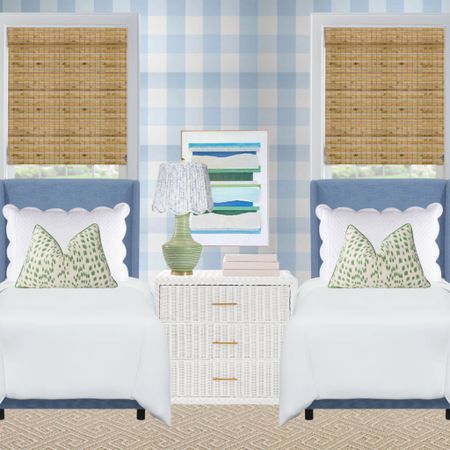 Interior design inspo
Twin bedroom
Upholstered bed
Blue and white bedroom
Buffalo check
Blue gingham
Woven nightstand 
Abstract art
Grandmillennial home 
Scalloped lamp shade 
Woven blinds
Wallpaper
Guest Bedroom inspo
Amazon home
Scalloped sham
Etsy finds

#LTKhome #LTKsalealert