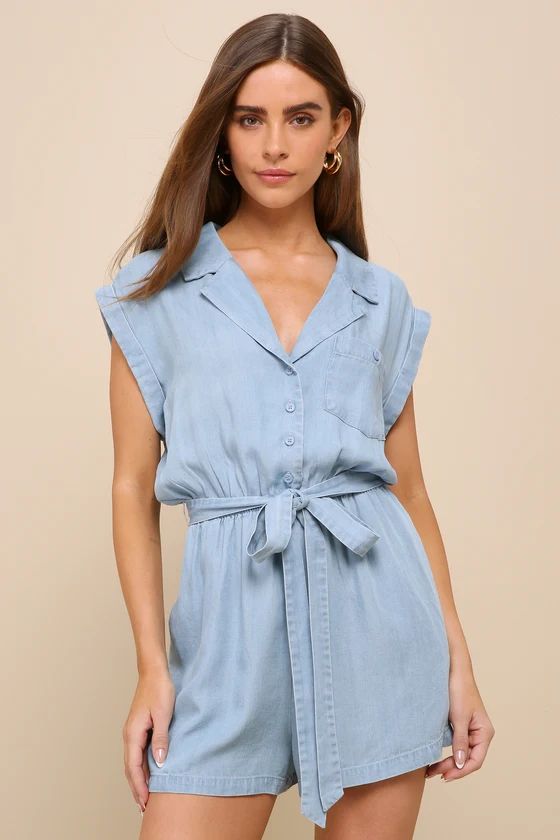 Sweet Pursuit Light Wash Chambray Collared Romper | Lulus