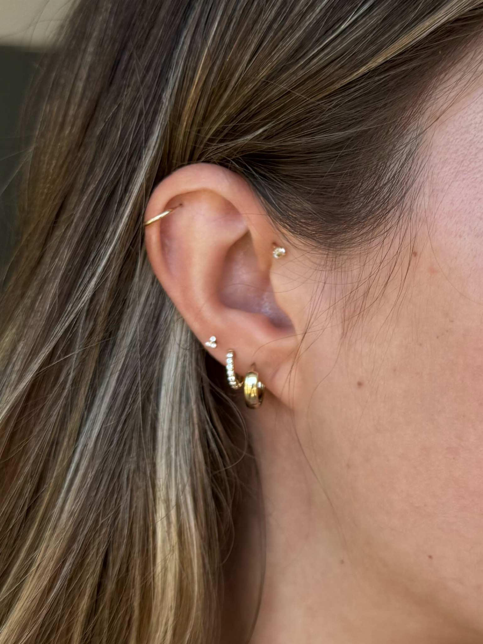 my everyday earrings! 💗 all are solid gold because I have sensitive ears! I also have small ears n these never bug me! I sleep in them all night never take them out ☺️