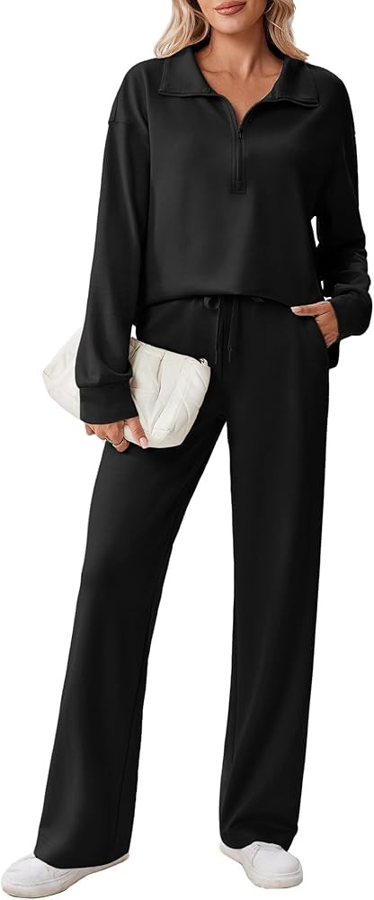 PINSPARK 2 Piece Sets for Women 1/2 Zip Sweatsuit Loose Fit Sweatshirt Straight Leg Pants 2025 Ma... | Amazon (US)