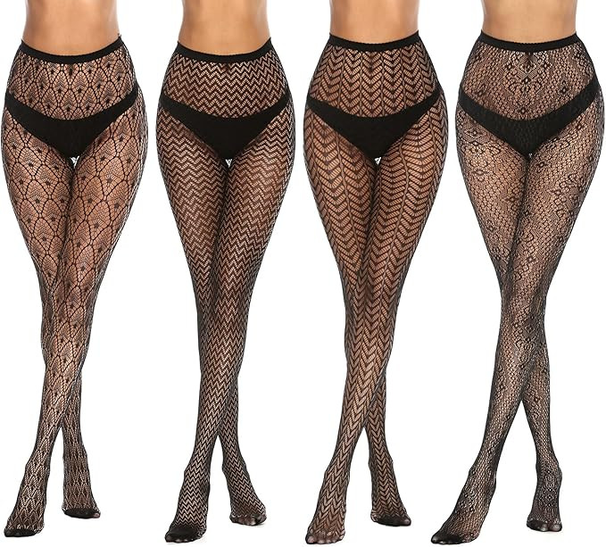 MANZI 4 Pairs Womens Patterned Black Fishnet Stockings Tights Sexy Suspender Thigh High Mesh Cros... | Amazon (US)
