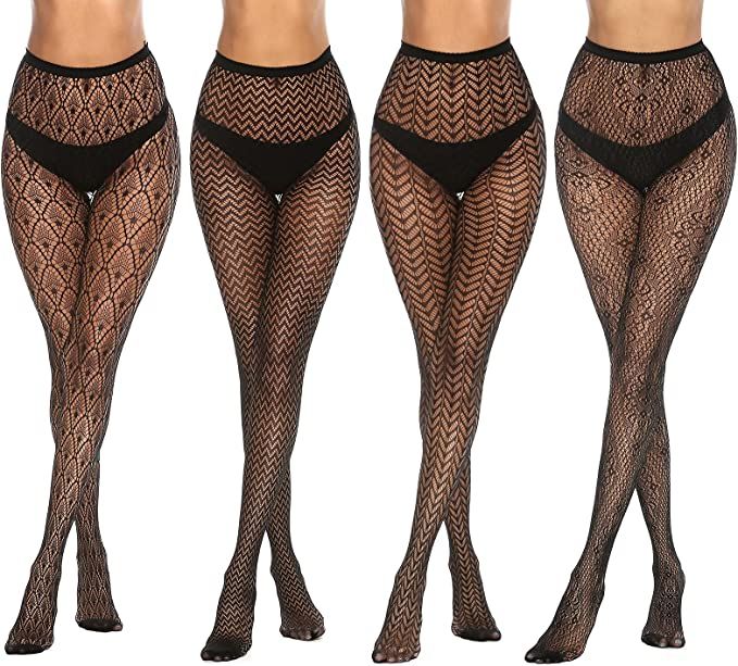 MANZI 4 Pairs Womens Patterned Black Fishnet Stockings Tights Sexy Suspender Thigh High Mesh Cros... | Amazon (US)