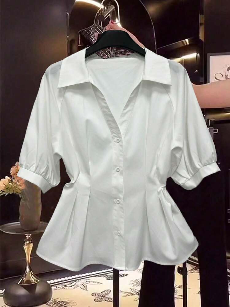 Franclia Premium Sense White Collared V-Neck Short Sleeve Fitted Women's Top, Minimalist Blouse | SHEIN