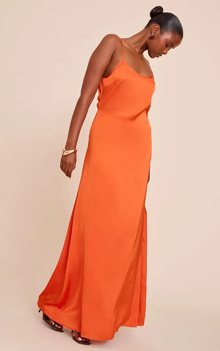 Orange Satin Scoop Neck Spaghetti Strap Maxi Dress | PrettyLittleThing USA | PrettyLittleThing US