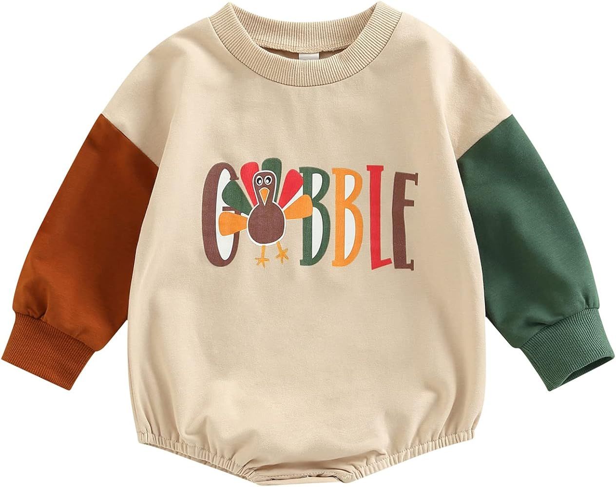 Lamuusaa Newborn Baby Girl Boy Thanksgiving Outfit Gobble Turkey Romper Sweatshirt Color Block Bo... | Amazon (US)