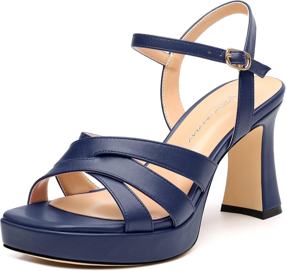 Women's Chunky Platform High Heels Block Heeled Sandals Open Square Toe Ankle Strap Dress Wedding... | Amazon (US)