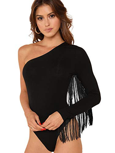 Verdusa Women's Fringe Trim One Shoulder Long Sleeve Bodysuit Top | Amazon (US)