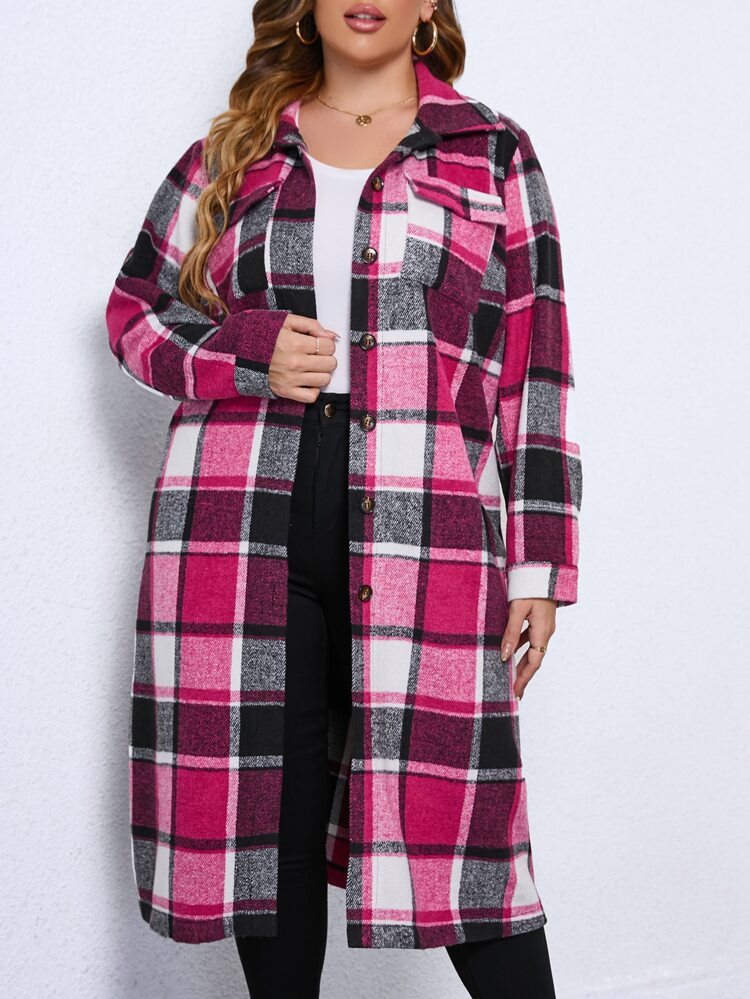 Plus Flap Pocket Plaid Coat | SHEIN