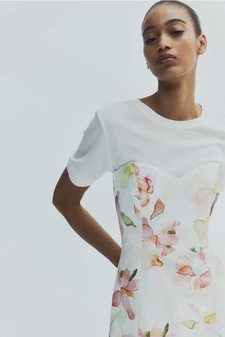 Linen-blend bandeau dress - White/Floral - Ladies | H&M GB | H&M (UK, MY, IN, SG, PH, TW, HK)