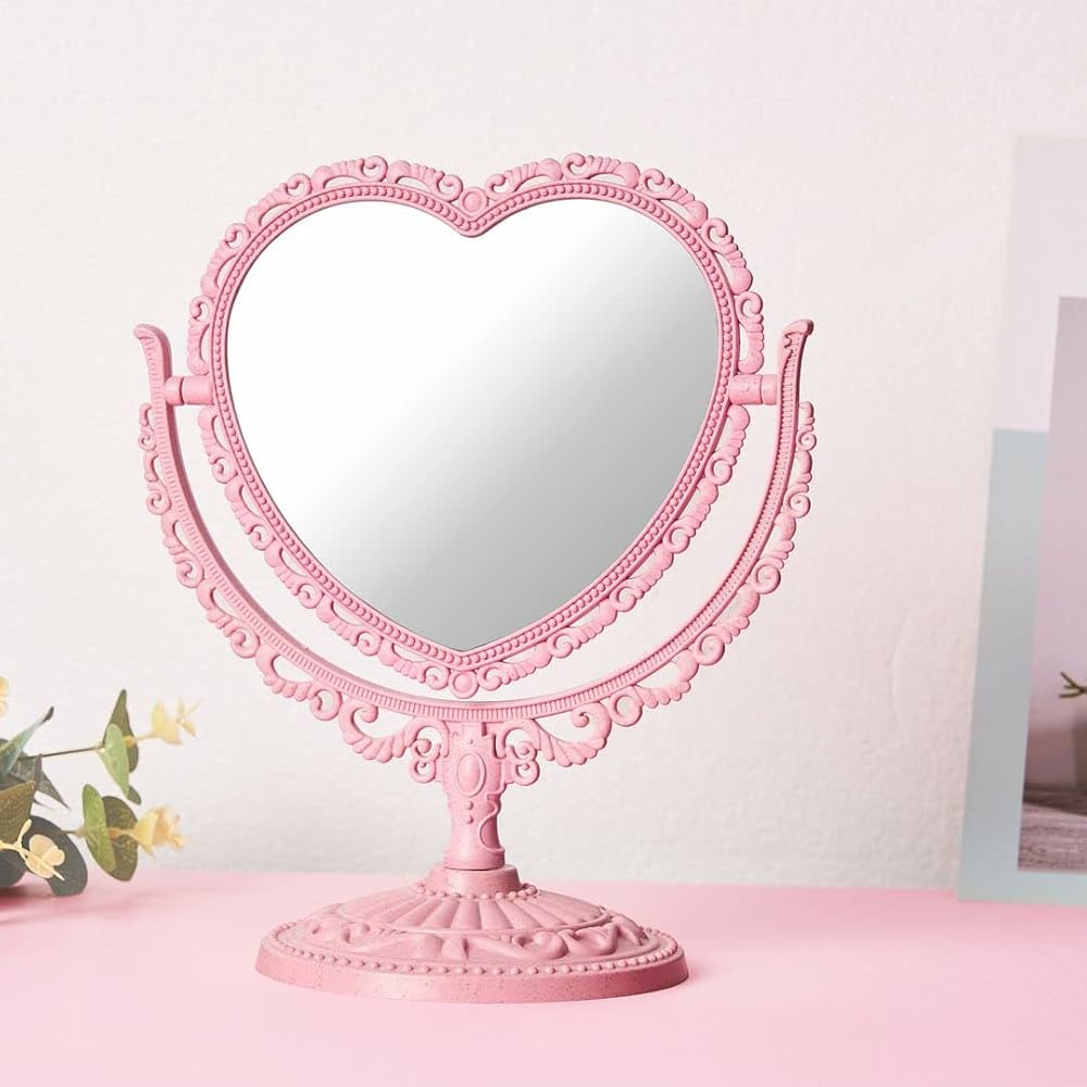 RECEESOON Pink Heart Mirror Double Sides, Vanity Makeup Mirror for Desk, Pink Vintage Mirror, Coq... | Amazon (US)