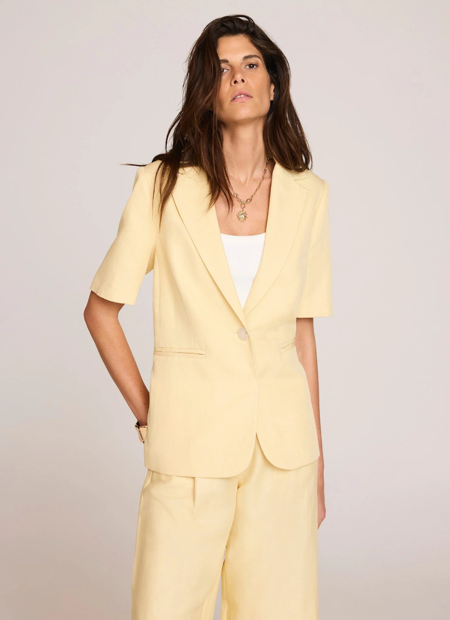Yellow Linen Blend Short Sleeve Blazer | Mint Velvet