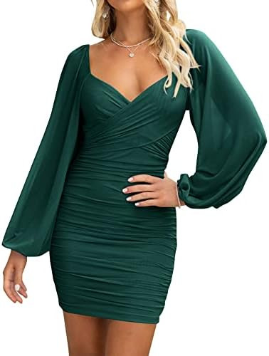 BTFBM Fall Dresses for Women 2025 Cross V Neck Mesh Long Sleeve Ruched Bodycon Formal Wedding Coc... | Amazon (US)