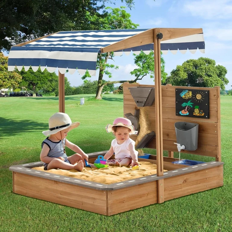 Kids Large Wooden Sandbox with Cover, Outdoor Sand box for Kids with Adjustable Cover, Funnel & D... | Walmart (US)