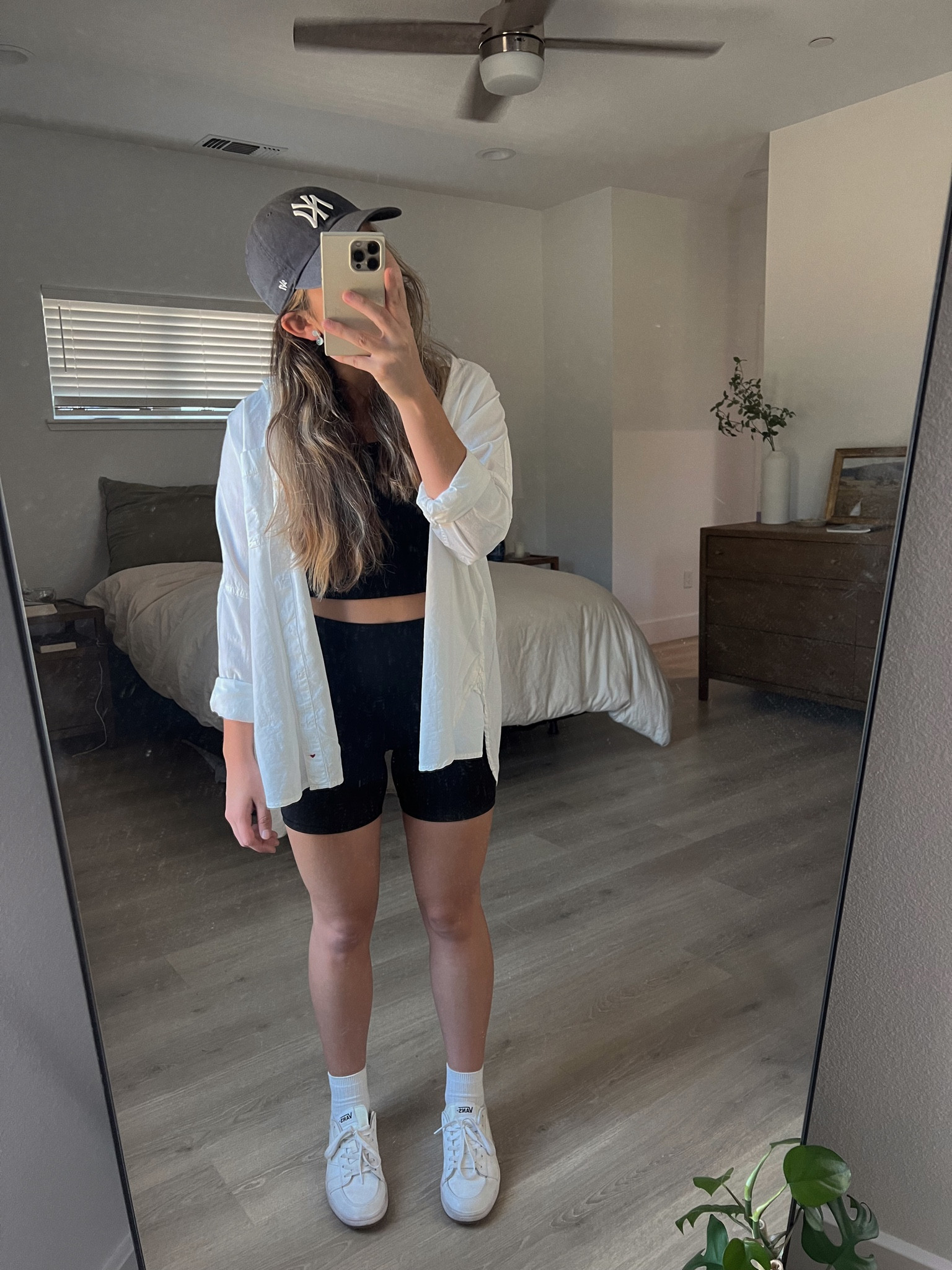 white shirt is xs (runs very large!!) simple ootd, baseball hat outfit, biker shorts, white button up shirt 

#LTKSeasonal #LTKBacktoSchool #LTKFind
