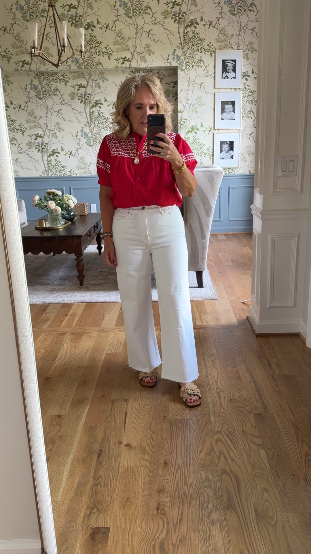 Top size medium 
Jeans size 29
15% off code NANETTE15 good 1x
Julie Vos sale starts tomorrow to the public or early access now by giving them your email. 

Red blouse red white blue outfit July 4th white jeans

#LTKOver40 #LTKootd #LTKSaleAlert