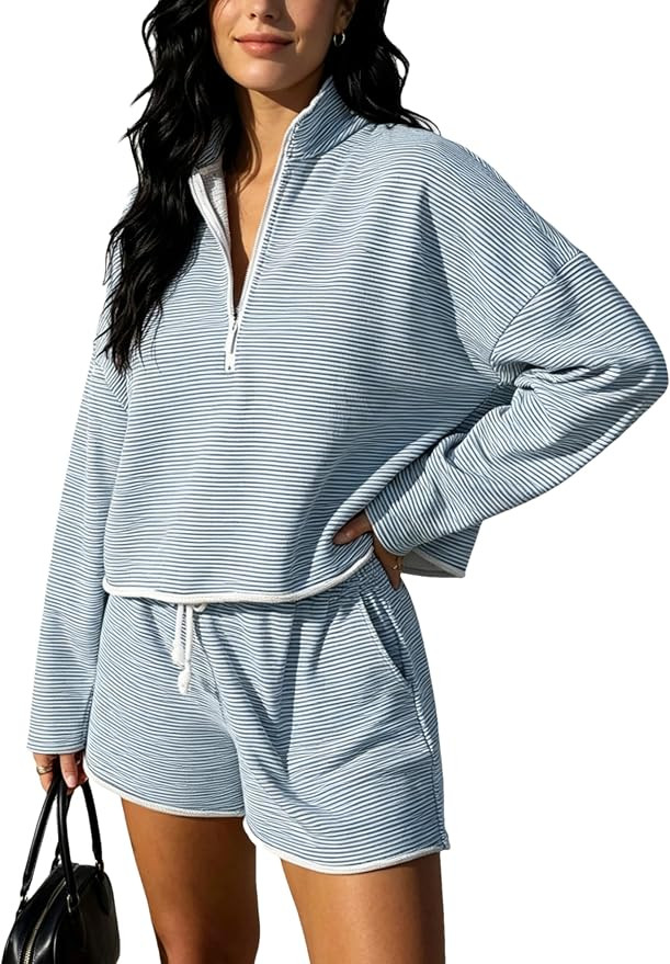 Bozanly Two Piece Outfits for Women Trendy Long Sleeve Tops Shorts Set | Amazon (US)