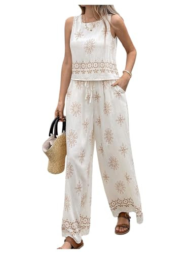 Amazon.com: WDIRARA Women's 2 Piece Vacation Outfits Boho Print Tank Wide Leg Pants Set Beige Lar... | Amazon (US)