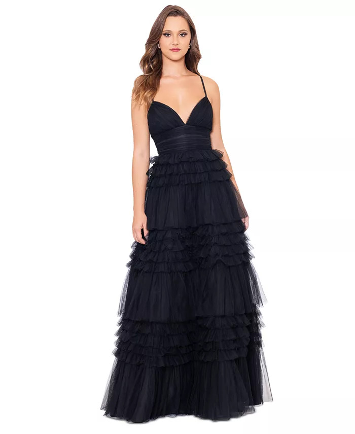 Women's V-Neck Sleeveless Tiered Ruffle Mesh Gown | Macy's